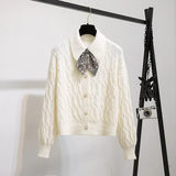 Casual Fall Winter Two Pieces Sets Women French Vintage Bow Collar Full sleeve sweater + Pleated skirt sets Female