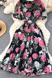 Bohemian Women Floral Print Pleated Midi Dress Elegant Round Neck Puff Sleeve High Waist A-Line Draped Beach Vestidos