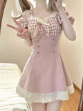Pink Plaid Bow Princess Mini Dress Women 2023 Summer Sexy Slim Slash Neck Lace Ruffle Kawaii Y2k Lolita Female