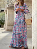 Chic V Neck Spring Summer Maxi Dress Loose Casual Ruffle A-Line Dress Elegant Floral Printed Women Half Sleeve