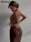 Round Collar Backless Maxi Dress Women Bodycon Sexy Sleeveless Elegant Tank Dresses Off Shoulder Ruched Party