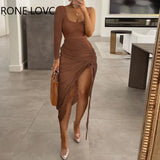 Women Solid Color Drawstring Ruched High Slit Bodycon Dress Maxi Dress Sexy Vacation