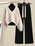 Winter 3 Piece Sets For Women Outfits Korean Casual Basic Top+hollow Out Knitted Sweater+drawstring Pant Sets Women