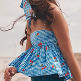 Blue Cherry Plaid Print Peplum Cami Top-Outfit