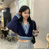 Retro V Neck Sweaters Women Patchwork Cropped Pullovers Streetwear Korean Fashion Loose Casual Long Sleeve Jumpers