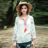 Queens Women Tassel Bohemian Floral Embroidery Beach Cotton Blouse Shirt Long Sleeve Loose Boho Shirts