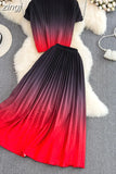 Women Pleated Two Piece Set Vintage Stand Collar Short Sleeve Draped Tops + High Waist Stretchy A-Line Skirt Suit