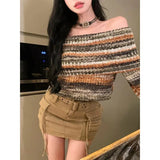 Y2K Striped Cropped Sweater Women Slash Neck Knitted Pullover Vintage Harajuku Korean Off Shoulder Slim Jumper