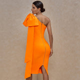 Runway Bownot One Sleeve Bandage Dress 2020 New Women Sexy One Shoulder Bandage Dress Bodycon Orange Club Party