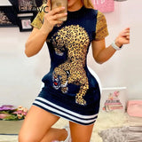 Women Tiger Print Short Sleeve Casual Dress Summer Mini Elegant