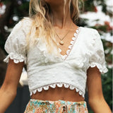 Queens Women Tops Vintage Solid Tassel Loose Lace Blouses Ladies V-neck Short Sleeve Beach Boho Shirts Blusas