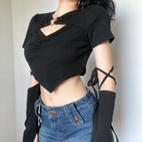 SUCHCUTE Aesthetic Women Cropped Tops Gothic Long Sleeve With Gloves Harajuku Vintage T-Shirts Casual Korean Style Slim