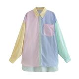 Patchwork Striped Color-Block Women Shirt 2021 New Spring Summer Elegant Pocket Single Breasted Lapel All-Match