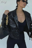 Spring Autumn Short Cool Stylish Shiny Reflective Crocodile Print Patent Pu Leather Jacket Women Runway Fashion