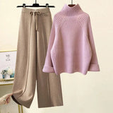 Two Piece Sets Women Winter Korean Casual Turtleneck Knitted Sweater And Wide Leg Knitting Pants Suits Women Homewear