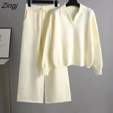 Knitted 2 Pieces Set Women Loose Oversize Tracksuits Turn-down Collar Sweater Pullover +High Waist Wide Leg Pants