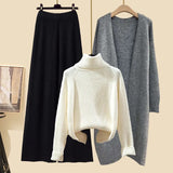 Winter Warm Knitwear Sets For Womens Elegant Turtleneck Sweater+long Knitted Jackets+wide Leg Knitting Pants Sets 2023