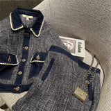 Women Spring Autumn Denim Patchwork Tweed Jacket + High Waist Mini Skirt Set Suit Ladies Slim 2 Piece Set Outfits Matching