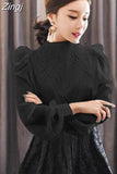 Autumn Korean Style Chiffon Shirt Chic Elegant Multi-layer Pleated Stand Collar Blouse Women Puff Sleeve Sunscreen Top