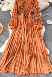 Winter Women Ruffle Pleated Long Dress Vintage Round Nec Puff Sleeve High Waist Draped Maxi Vestidos Green/Red/Purple