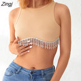 Women Ribbed Sleeveless Round Neck Crop Tops Rhinestone Tassel Hem Design Solid Color Summer Streetwear Tank