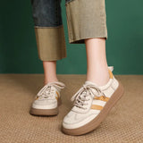 Layer Cowhide Flat-Soled Single-Shoe Women 2025 Spring New Passion Casual Descun Shoes Round Head Lace Board