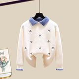 Knitted Two Piece Set Womens Outfits Korean Casual Turn Down Collar Long Sleeve Embroidery Knitted Sweater+skirts