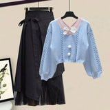 Women Winter Patchwork Long Sleeve Knitted Tops + Asymmetric Skirt 2 Piece Suit Female Party Elegant Two Piece