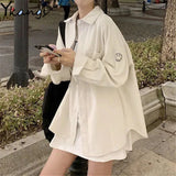 Loose Bf Women'S Fresh Simple Corduroy Shirt Smiley Embroidery Casual Solid Color Loose Blouses Tops Lady Clothes