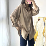 Fashion Button Up Satin Silk Shirt Vintage Blouse Women Spring White Lady Long Sleeves Female Loose Streetwear