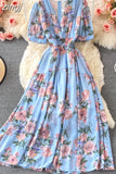 Bohemian Floral Long Dress For Women Sexy V-Neck Short Sleeve High Waist A-Line Big Swing Vestido Casual Blue Robe