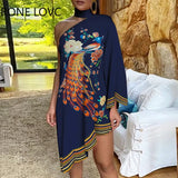 Women One Shoulder Peacock Floral Print Irregular Dress Elegant Fashion Chic