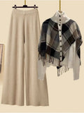 Knitted Two Pieces Sets Womens Outfits Office Ladies Elegant Vintage Plaid Patchwork Sweater Cardigan+ Wide Leg Pant