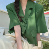 Streetwear Women Short Sleeve Suit Blazer Summer Loose Solid Top Casual Korean All-match Elegant Button Suit Blazer