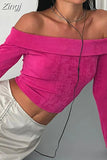 Off Shoulder Long Sleeve Tees Crop Tops Women Fall Spring Slash Neck Slim Fit Short T-Shirts Street Casual Base