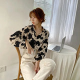 Print Button Up Shirts Women Korean Turn-Down Collar Long Sleeve Chiffon Blouse Streetwear Fashion Oversized 3Xl
