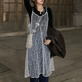 Vintage Lace Dress Women Y2K Sheer Spaghetti Strap A Line Dresses Streetwear Korean Sleeveless Chic Midi Sundress
