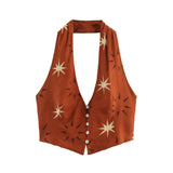 New Women's Sun-Print Linen-Blend Vest Blouse Wide-Legged Trousers
