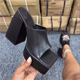 new square head thick bottom big thick heel one-line slippers women's large size high heel sandals