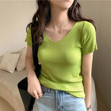 2021 Basic V-neck Solid Thin Summer Pullover Women Female Knitted Ribbed Sweater Slim Short Sleeve Bodycon