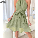 Slim Sexy Strapless Halter Dress Women Summer Dresses 2022 New Chic Solid Sleeveless O-neck Tie Waist Ruffle Mini
