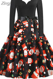 Women Christmas Dress Long Sleeve Vintage Elegant V Neck Print Big Swing Party Xmas New Year Winter Clothes S~3XL