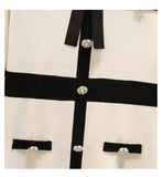 Women Beading Button Knitted Dress Plus Size Chic Autumn Black White Hit Color Pearl Bowknot Lapel Collar Sweater