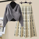 Warm Knitwears 3 Pieces Set For Womens Outfit Korean High Quality Pullover Knitted Sweater+print Pleated Skirts Sets