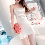 2022 Summer Women Satin Slip Dress Spaghetti Strap Sexy Diamond Red Black White Silk Short Backless Mini Party