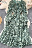 Autumn Women Lace Midi Dress Vintage Round Neck Lantern Long Sleeve High Waist A-Line Elegant Party Robe New Fashion