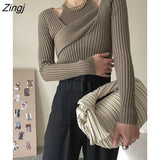 Fashion Women's 2 Pcs Set Halter Tank Tops Cross V-neck Slim Knitted Long Sleeve Swearter Suit Autumn 2023 New