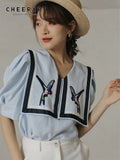 Preppy Style Puff Sleeve Bird Embroidery Blouse Women Blue Summer Short Sleeve Sailor Collar Cute Designer
