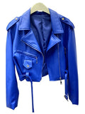 Spring Autumn Short Blue Soft Pu Leather Biker Jacket Women Zipper Long Sleeve Belt Cool Luxury Designer Clothes