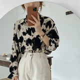 Print Button Up Shirts Women Korean Turn-Down Collar Long Sleeve Chiffon Blouse Streetwear Fashion Oversized 3Xl